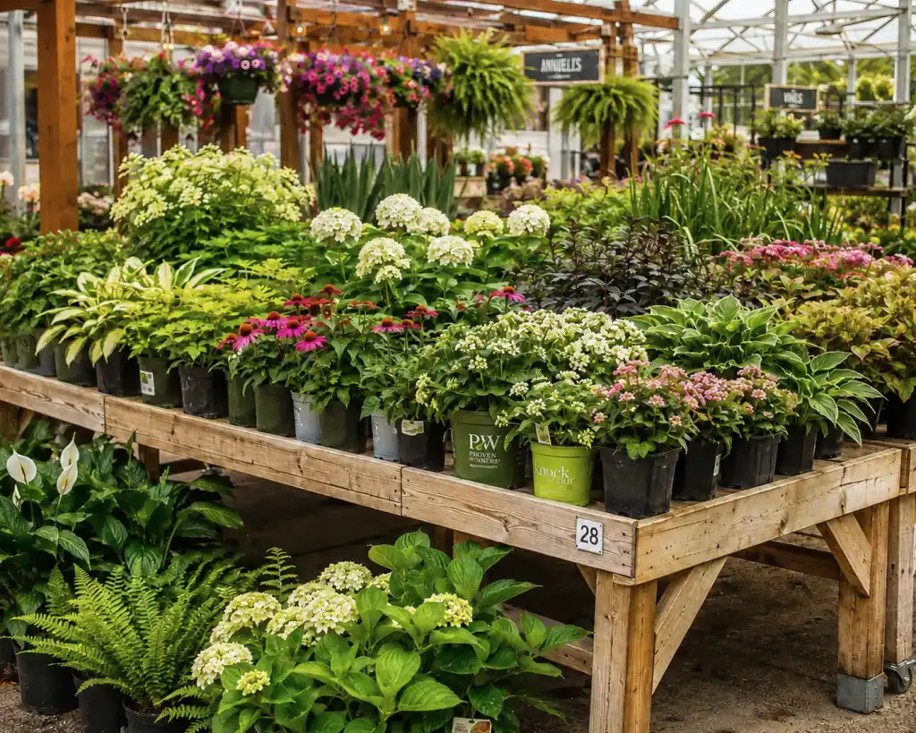 Vaste sélection de plantes en pot dans une serre de jardin Dion.