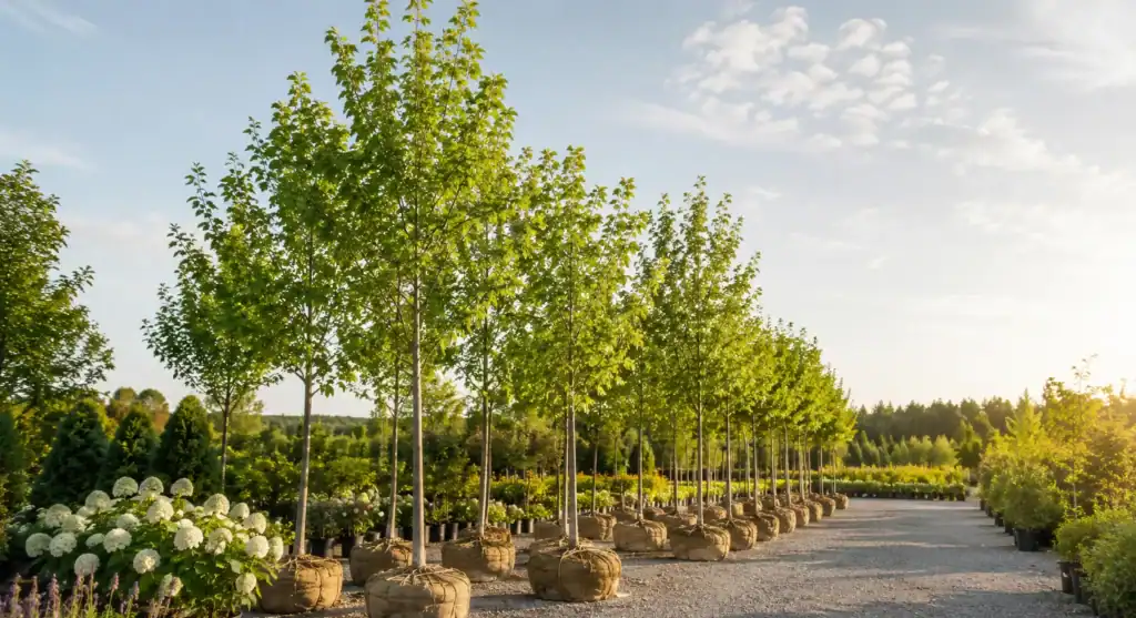 Jeunes arbres en pot prêts à être plantés dans un jardin professionnel.