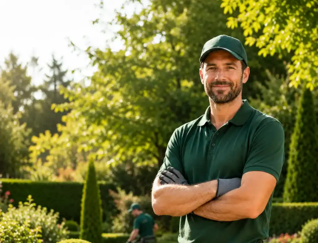 Homme jardinier souriant dans un jardin bien entretenu en été.