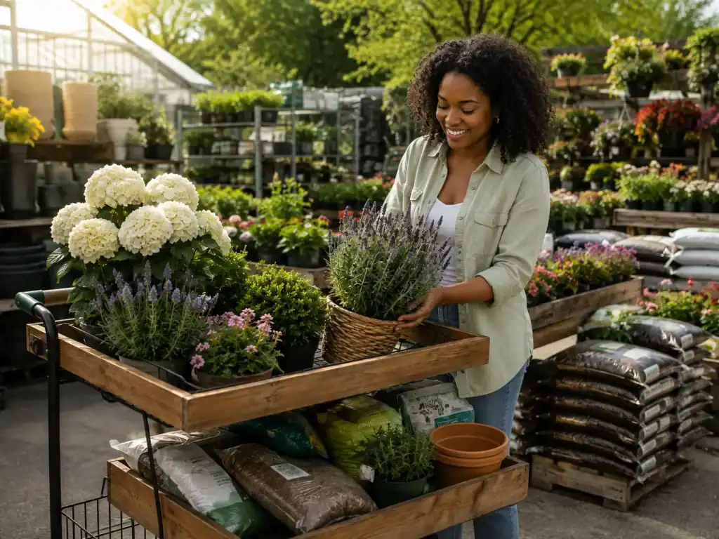 Femme souriante achetant des plantes dans une jardinerie.