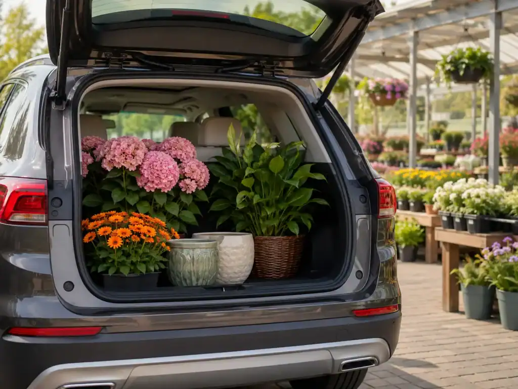 Voiture avec plantes florales prêtes à être plantées chez Jardin Dion.