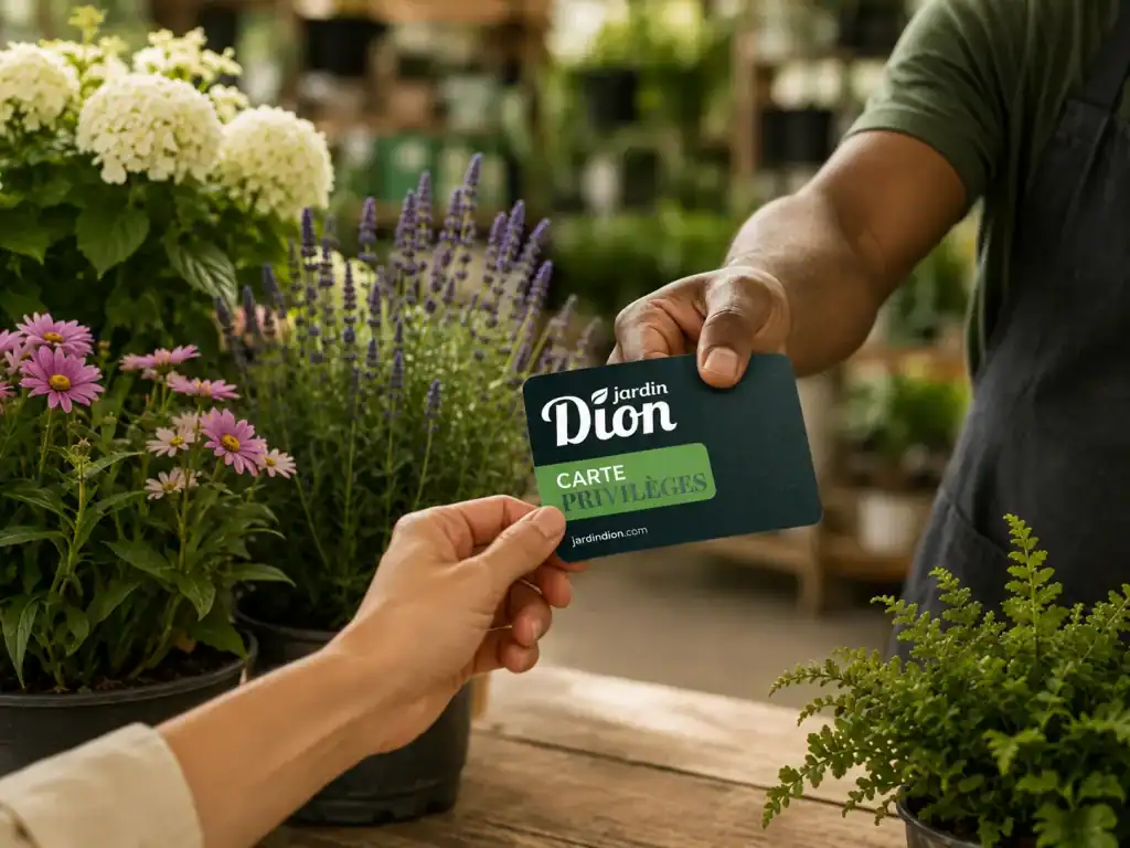 Carte de privilège Jardin Dion dans un centre de jardinage.