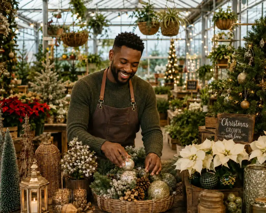 Homme créant une décoration de Noël avec des plantes et des ornements.