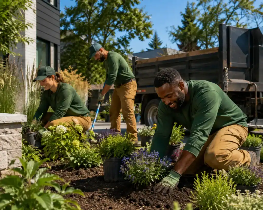 équipe de jardiniers plantant des fleurs et des arbustes en plein air.