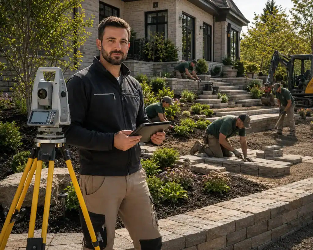 Expert en aménagement paysager inspectant un chantier de jardinage.