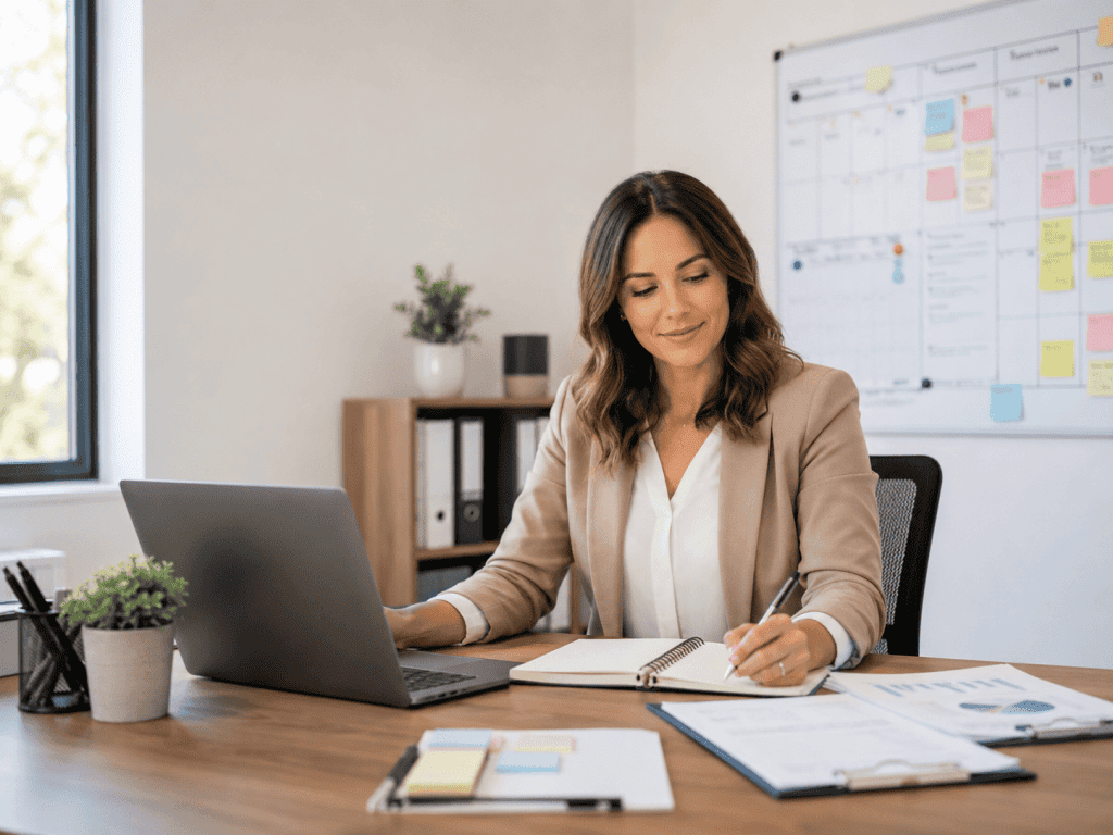 Femme en réunion de travail avec ordinateur et notes.