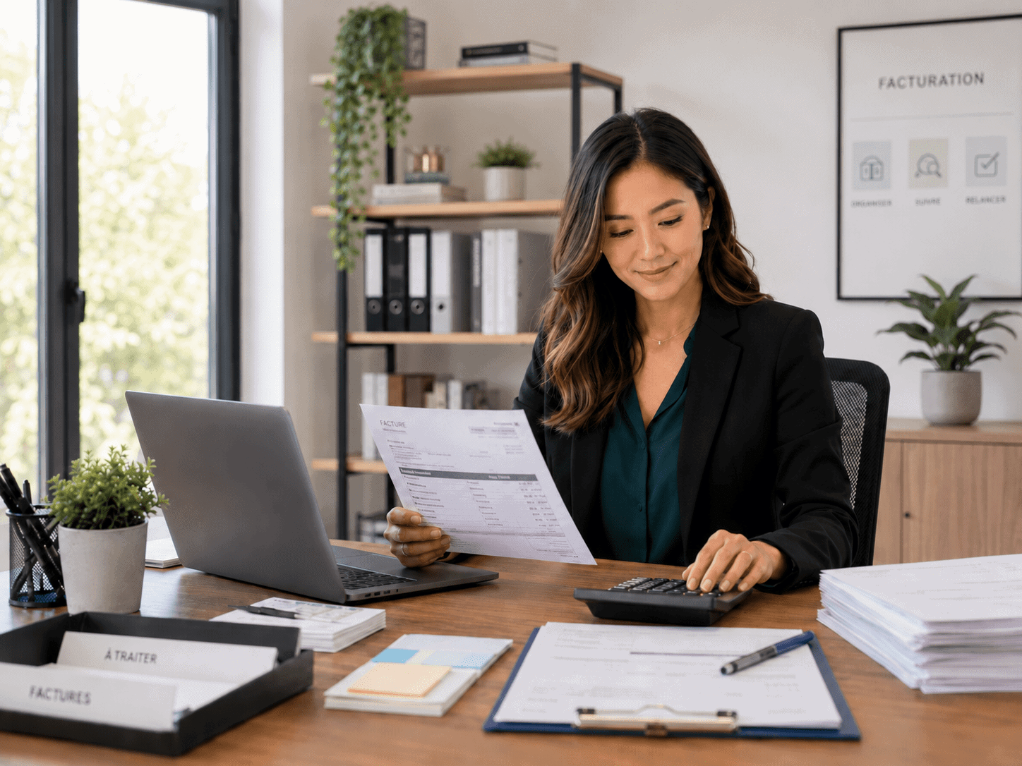 Femme en tenue professionnelle gérant la facturation au bureau.