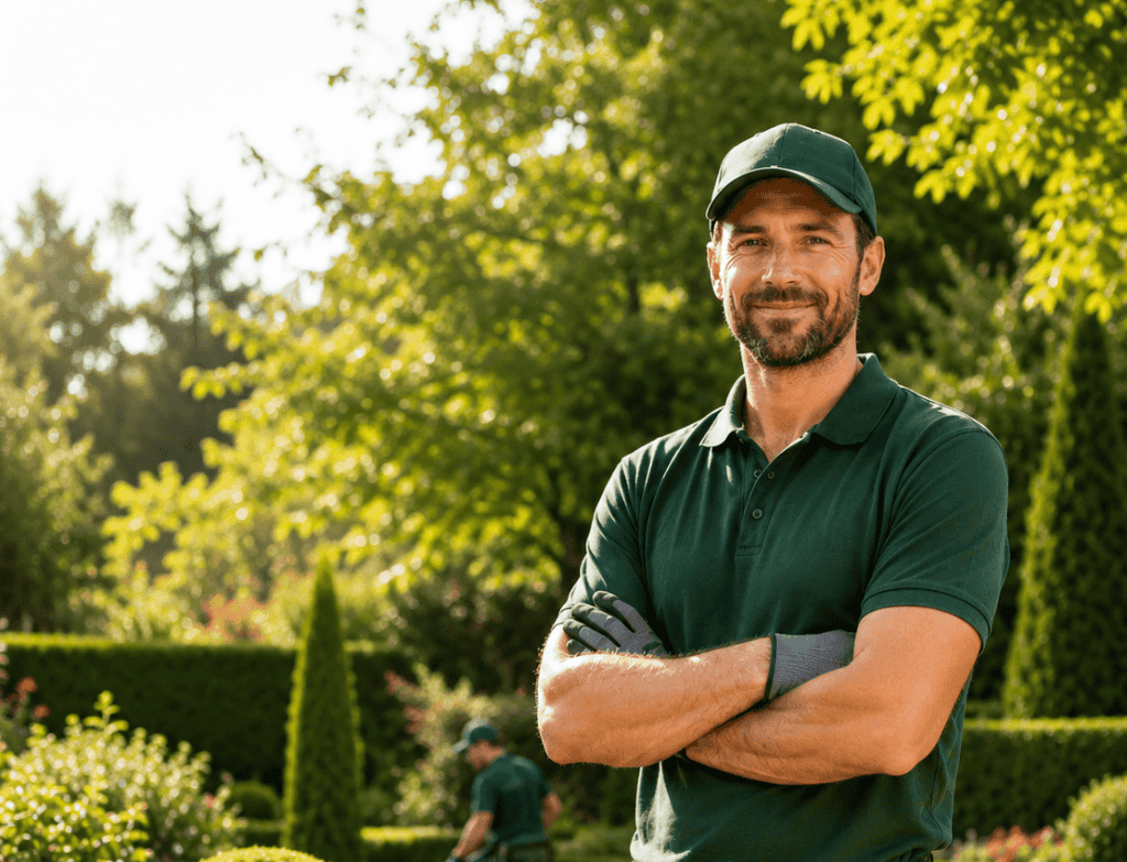 Homme en uniforme de jardinier dans un jardin bien entretenu.