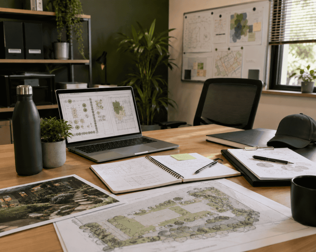 Espace de travail avec plans et ordinateur pour entretien paysager.