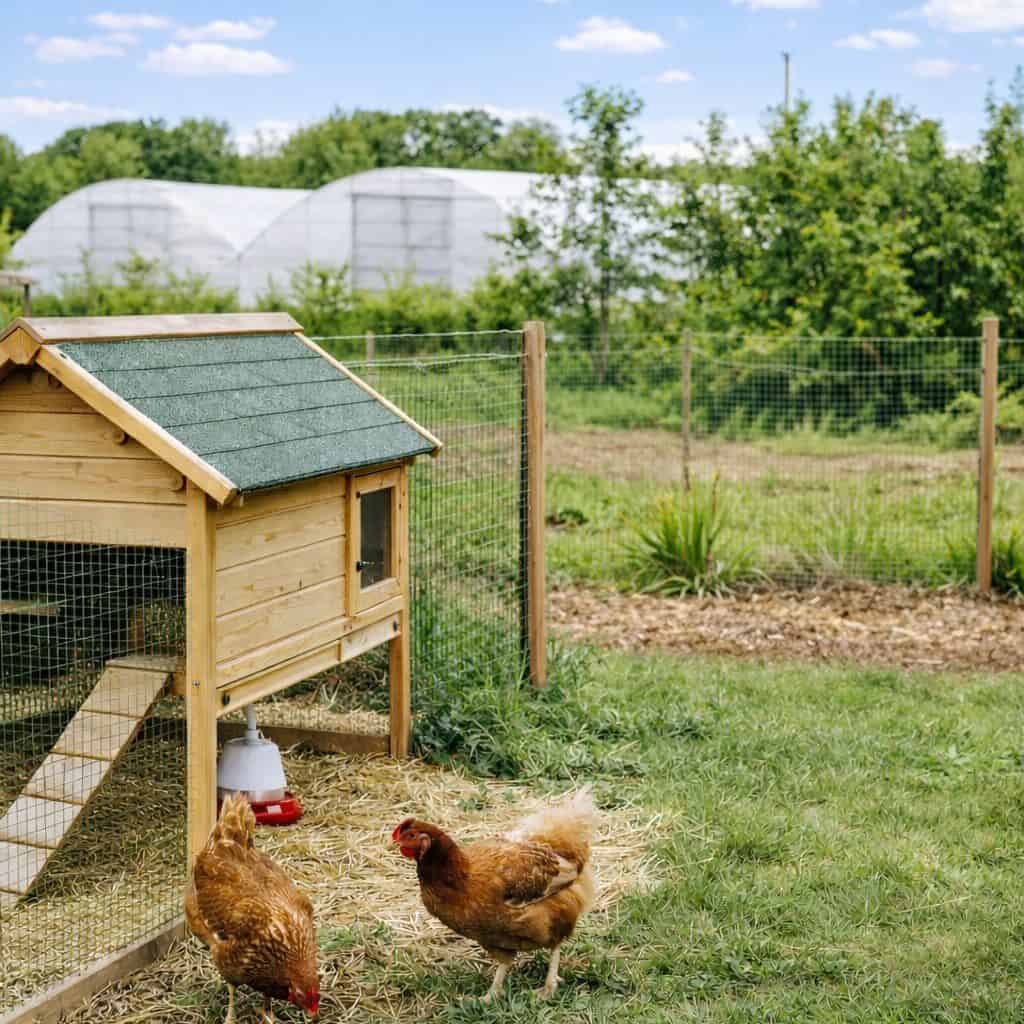 Poules dans un poulailler en bois avec espace extérieur verdoyant.