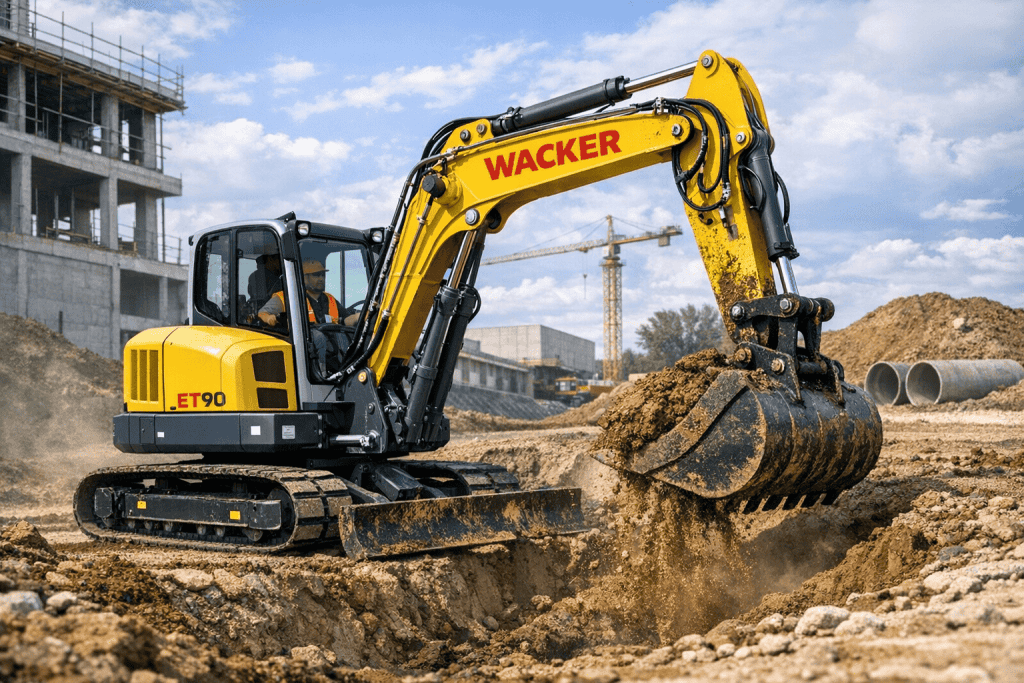 Mini-pelle Wacker en action sur un site de construction à Sainte-Thérèse.