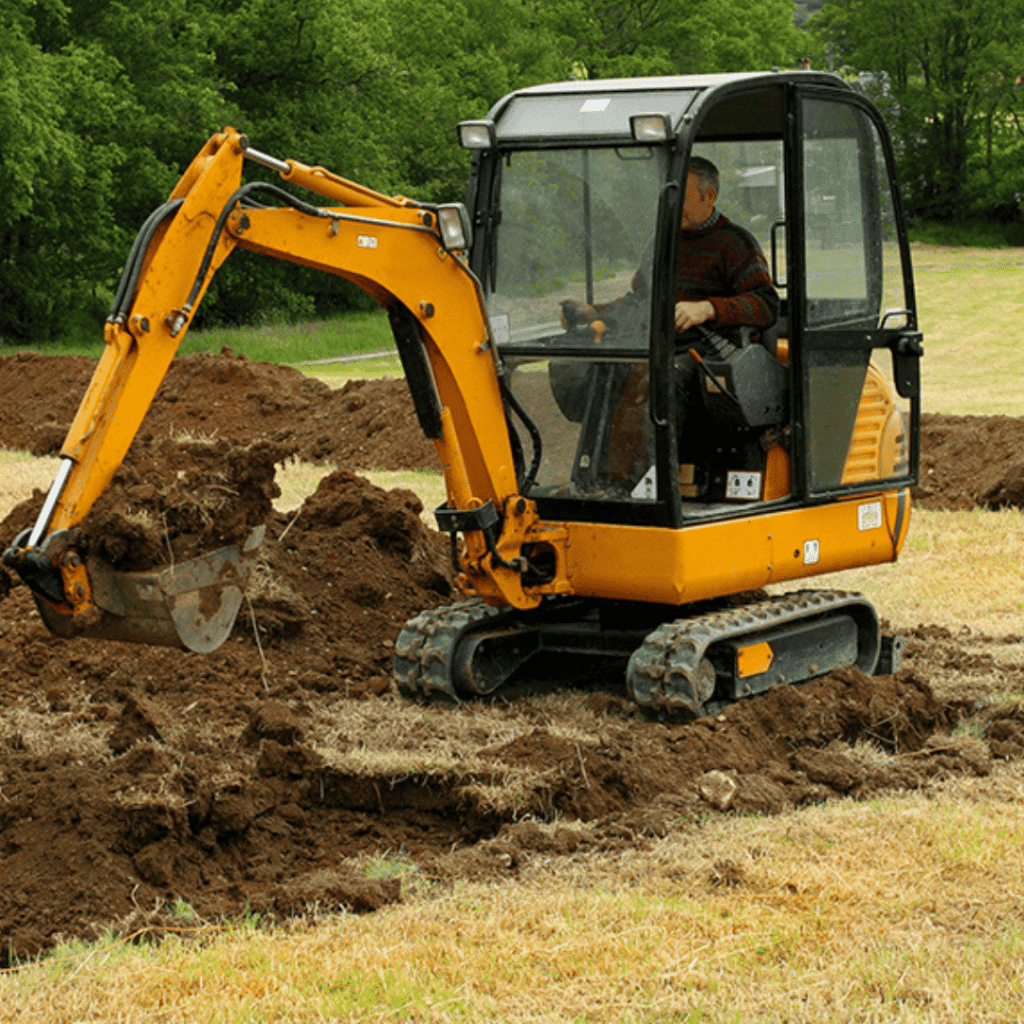 Mini-excavatrice jaune creusant dans un espace vert.