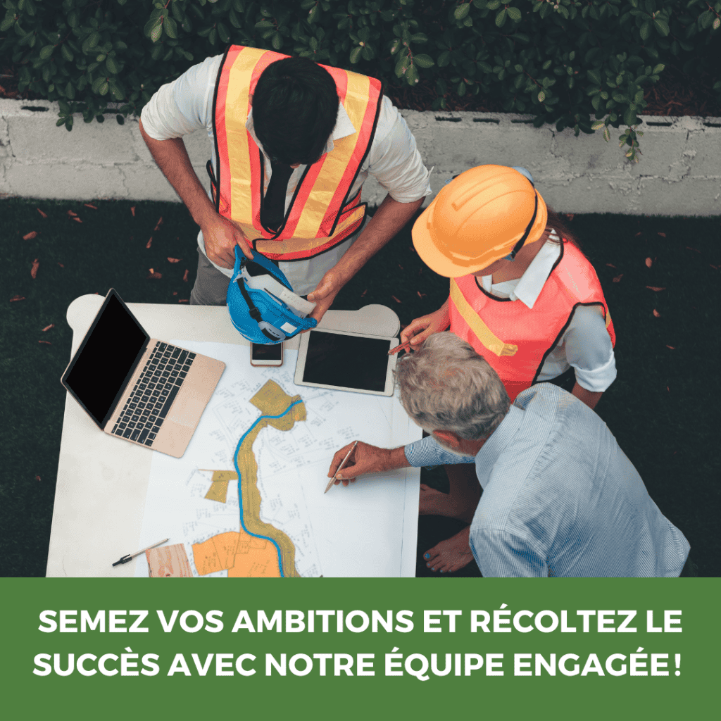 Équipe de professionnels planifiant un projet paysager avec plans et outils.