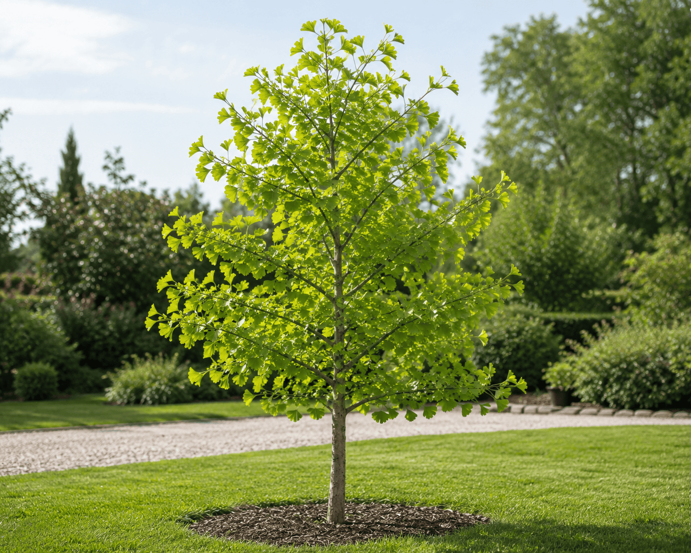 Jeune arbre vert dans un jardin bien entretenu à Jardin Dion.