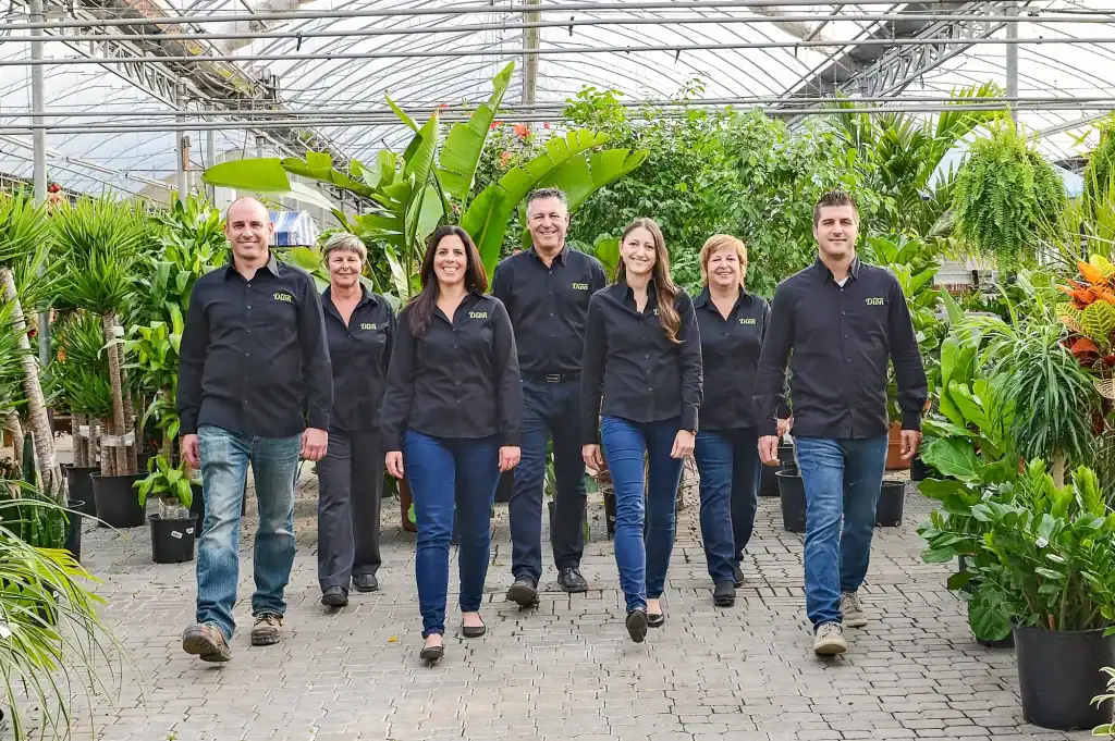 Équipe de jardiniers dans une serre avec plantes luxuriantes.