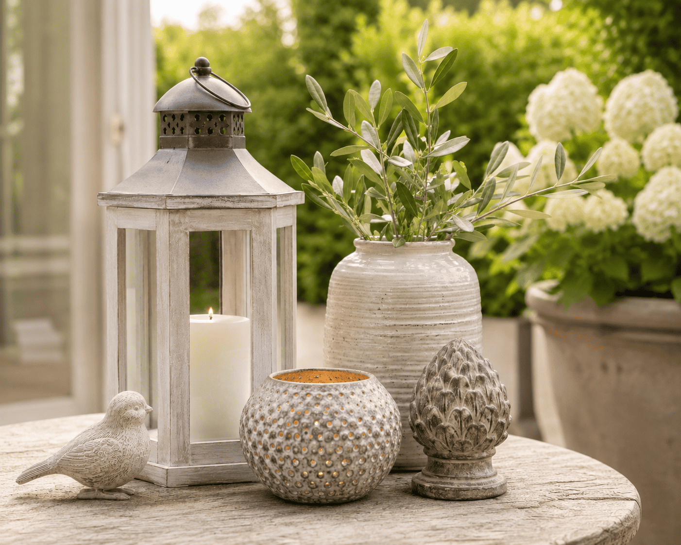 Décor de jardin avec lanternes, vases et plantes vertes.
