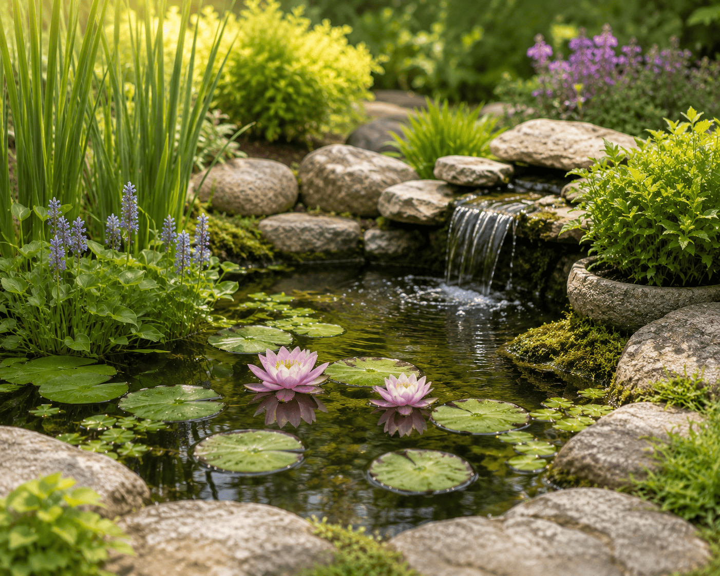 Bassin d'eau avec nénuphars, rochers et plantes luxuriantes.
