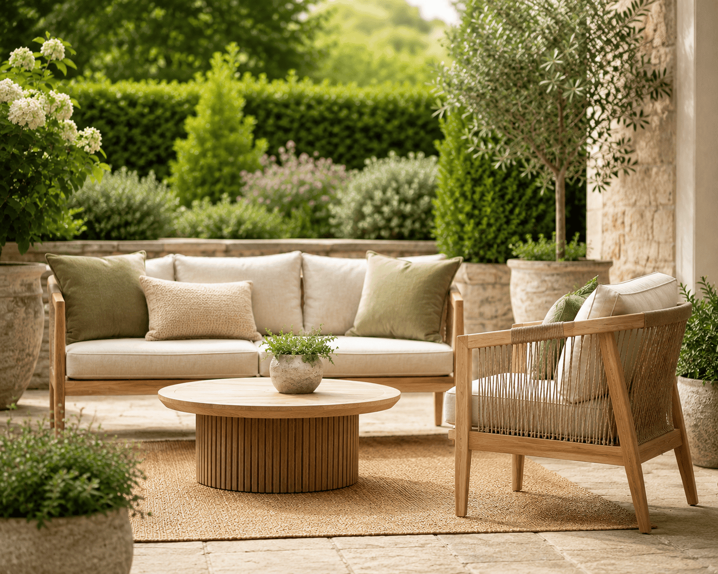 Espace extérieur avec mobilier en bois et plantes luxuriantes.
