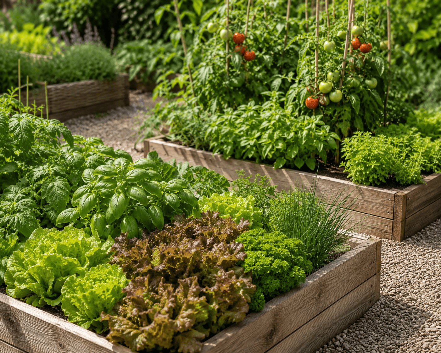 Potager urbain avec tomates, laitues et herbes fraîches.