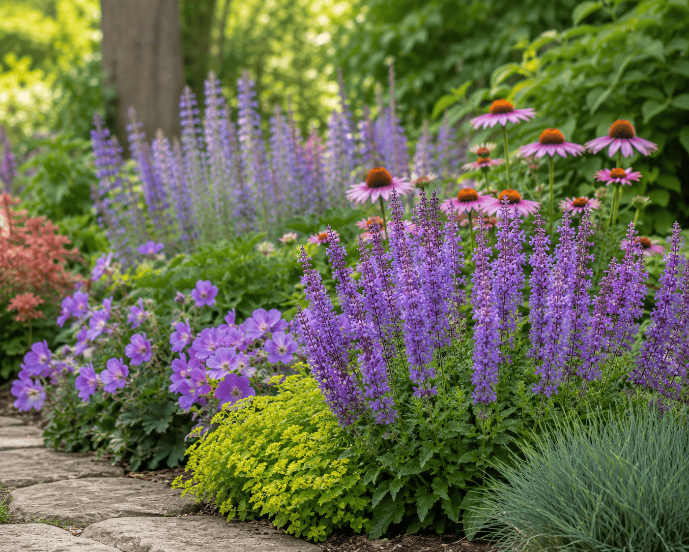 Jardin Dion avec fleurs violettes, roses et vertes luxuriantes.