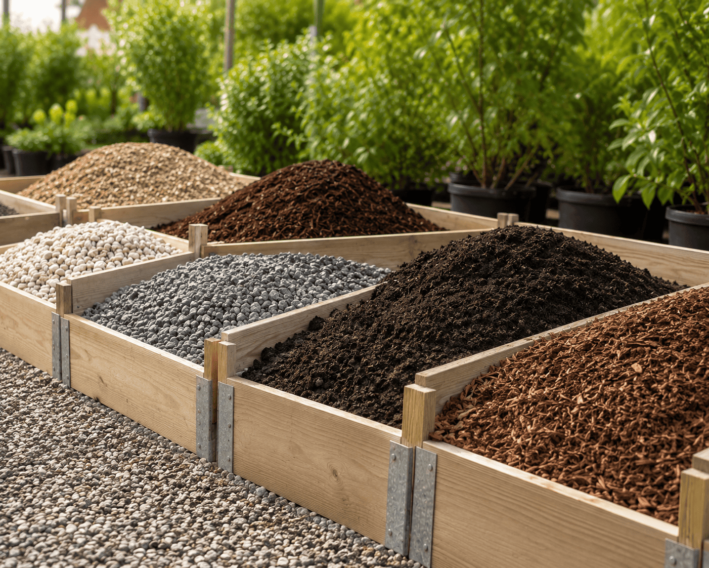 Différents types de sols et paillis dans une jardinerie Jardin Dion.