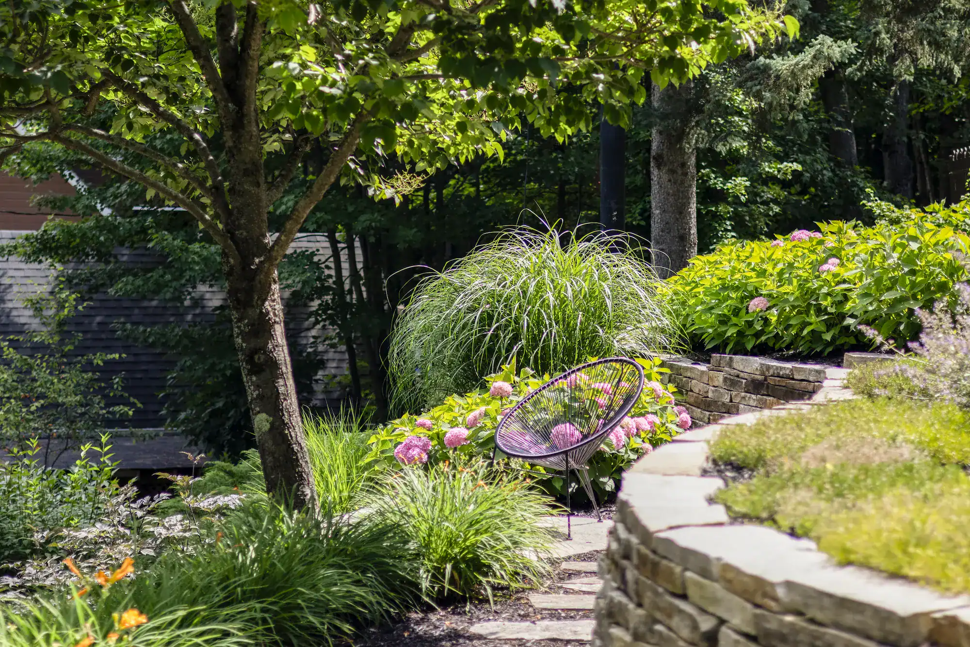 Jardin Dion avec arbres, plantes, et mobilier de jardin élégant.