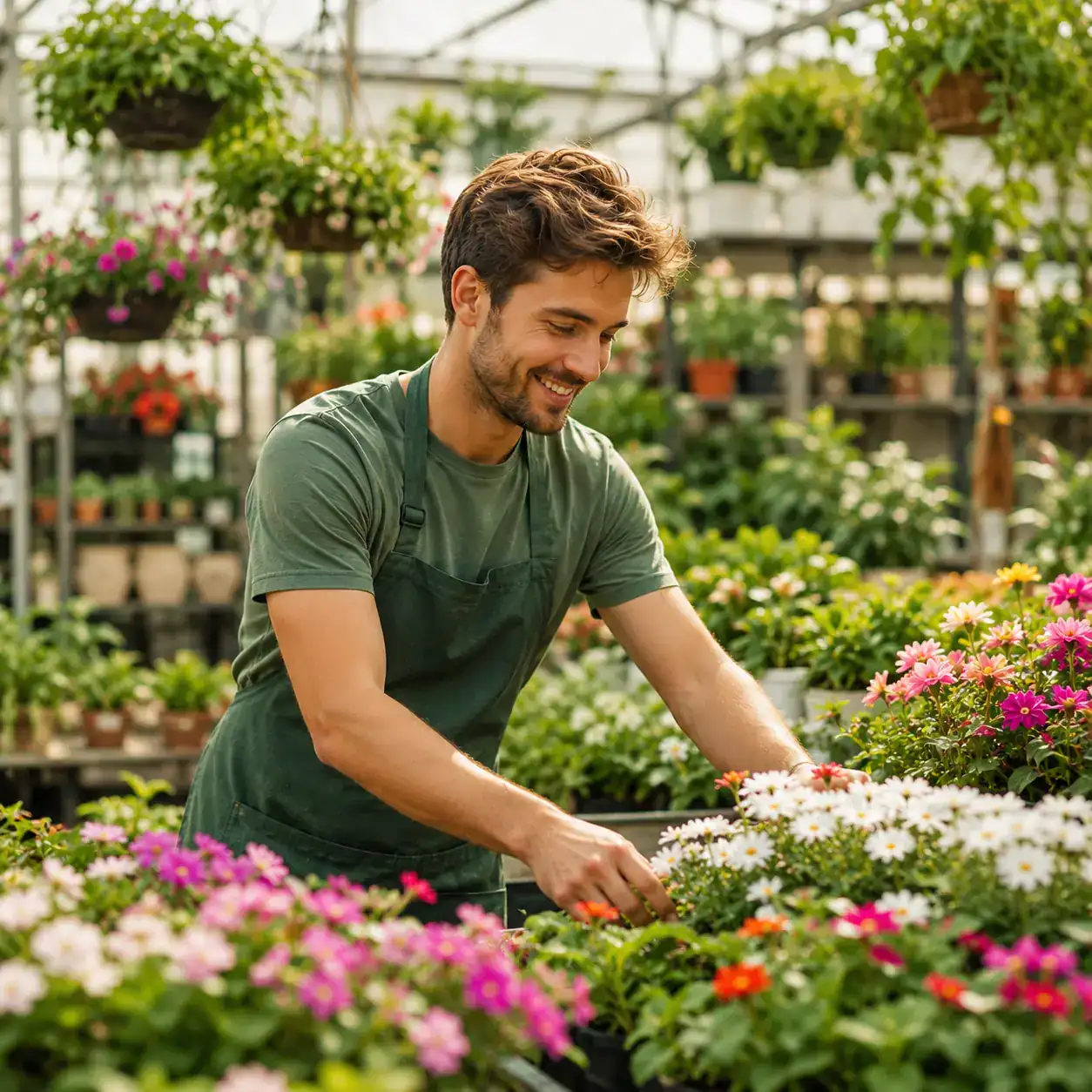 Homme jardinant dans une serre remplie de fleurs colorées.