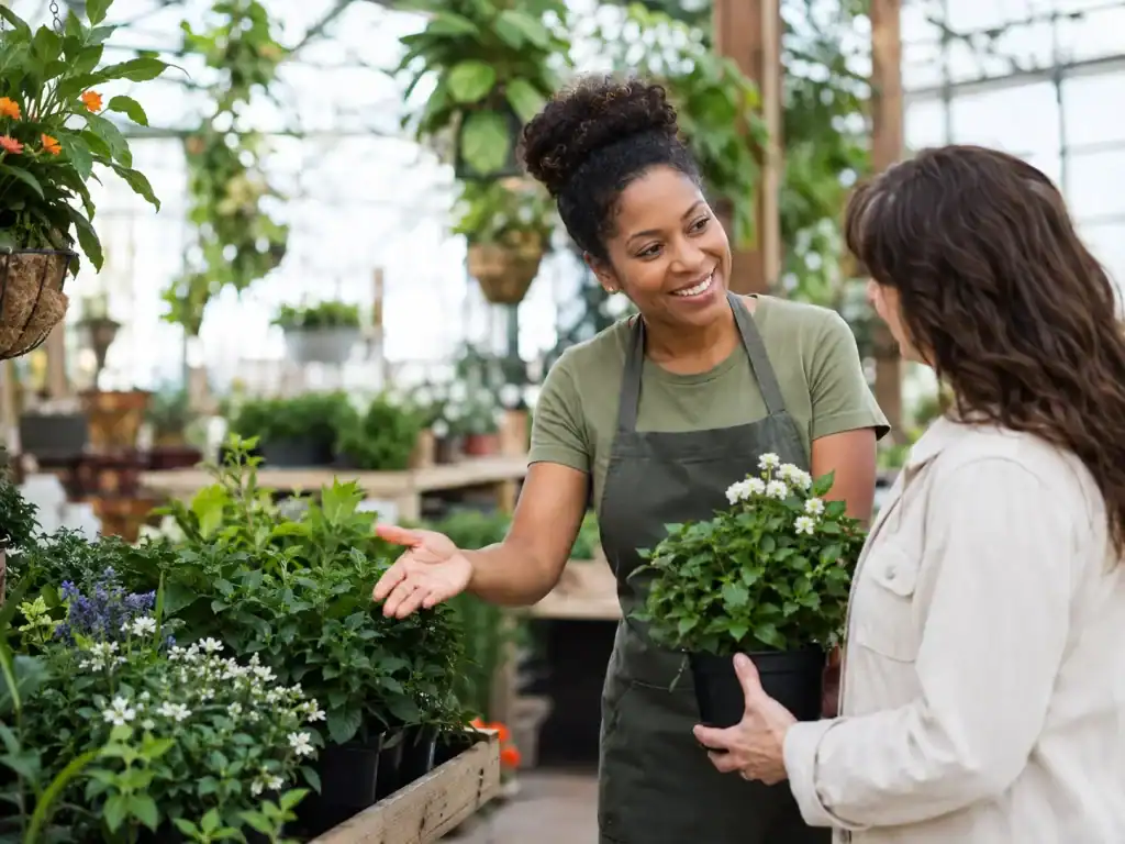Femme conseillant une cliente dans une serre de jardinage.